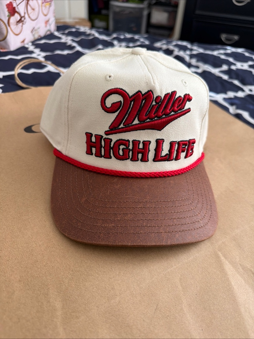 Miller High Life Cream and Brown Hat with Red Accents